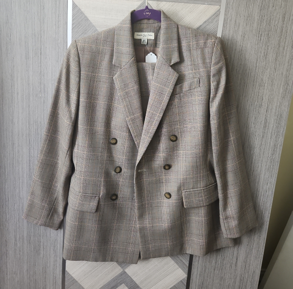 Jones New York Tan Plaid Double-Breasted Blazer